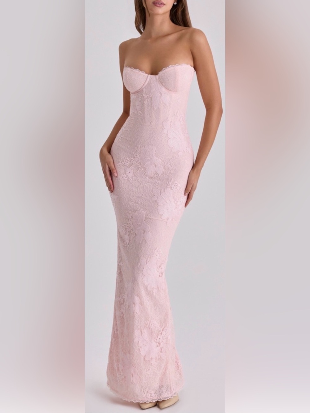 NEW HOUSE OF CB Lucienne Pink Lace Corset Strapless Gown sz XS
